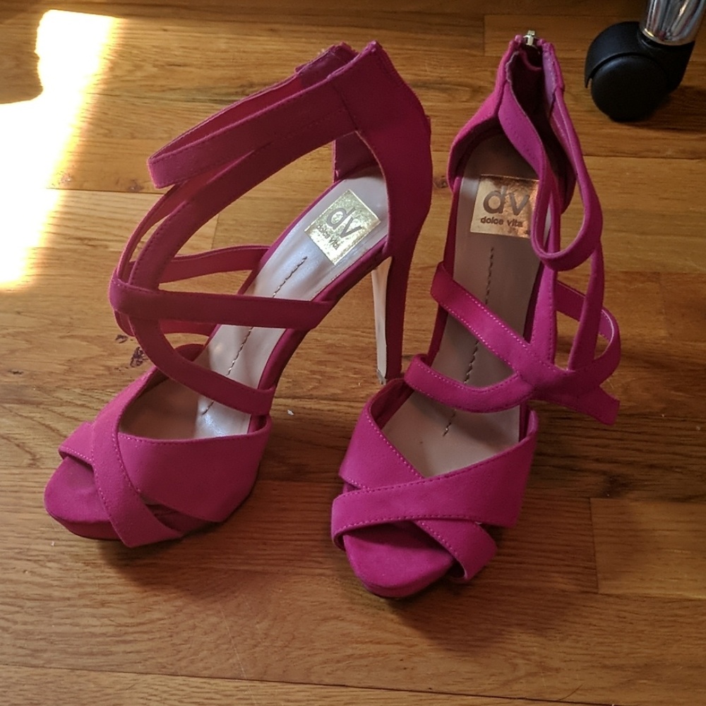 Hot pink high heeled sandals